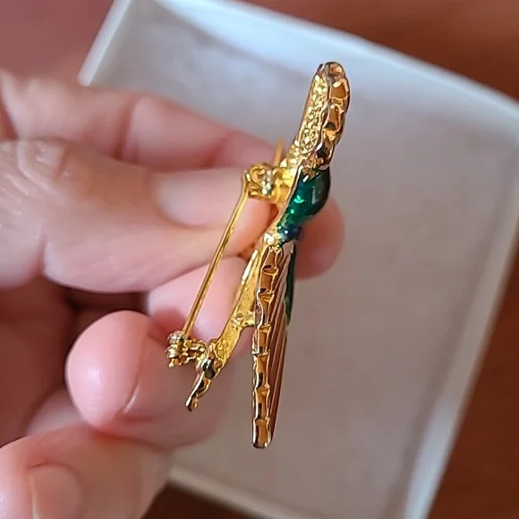 Hummingbird Brooch Green & Blue Enamel & Crystal Rhinestones Bird of Paradise 2" - Picture 8 of 8